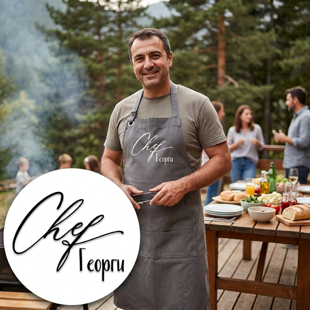 Мъж с персонализирана сива престилка Chef Георги приготвя храна на барбекю на открито