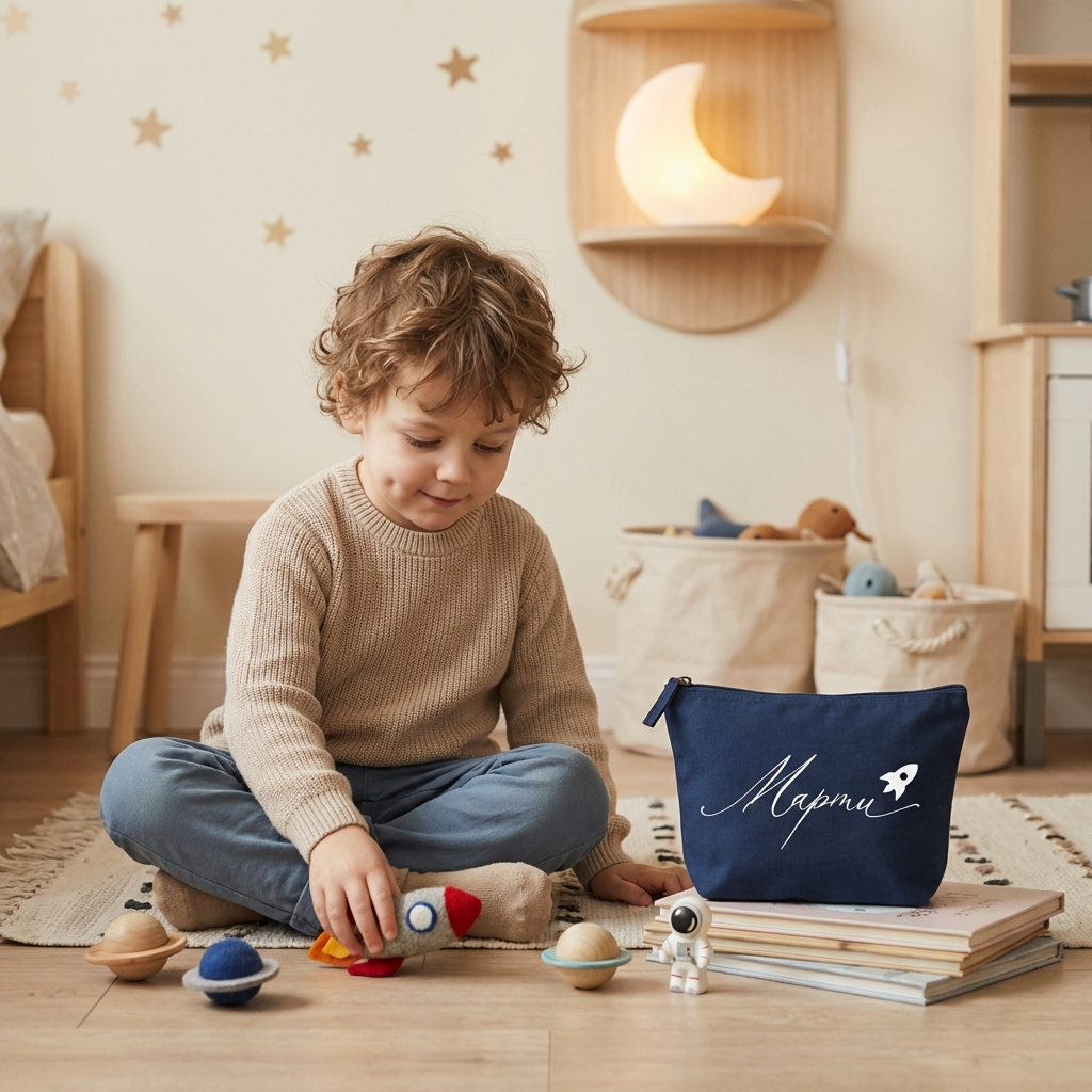 Тъмносин персонализиран несесер с име Мартин до малко момче, което играе с дървени играчки